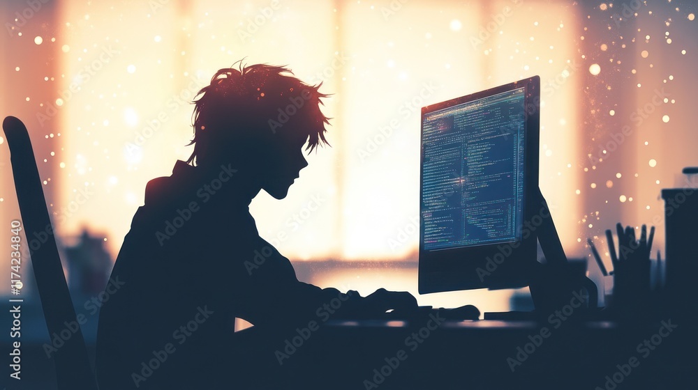 Aufkleber silhouetted person coding at computer during sunset.