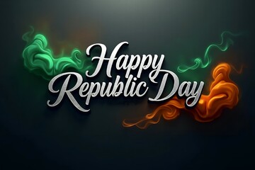 Happy Republic Day&rsquo; in a modern calligraphy script with embossed silver letters, set on a dark textured background with subtle saffron and green smoke effects