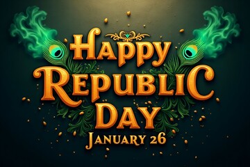 'Happy Republic Day, January 26’ in elegant embossed gold letters on a dark stone texture background, with saffron and green glowing smoke effects, intricate peacock feather patterns