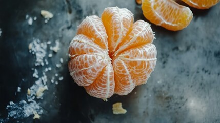 A peeled mandarin orange on a dark surface. The segments are vibrant and juicy, with bits of peel scattered around.