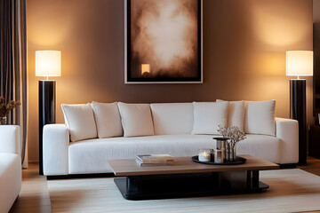 A modern living room with a white sofa, table, lamp, wooden floor, and minimal art frame on a mocha-colored wall.