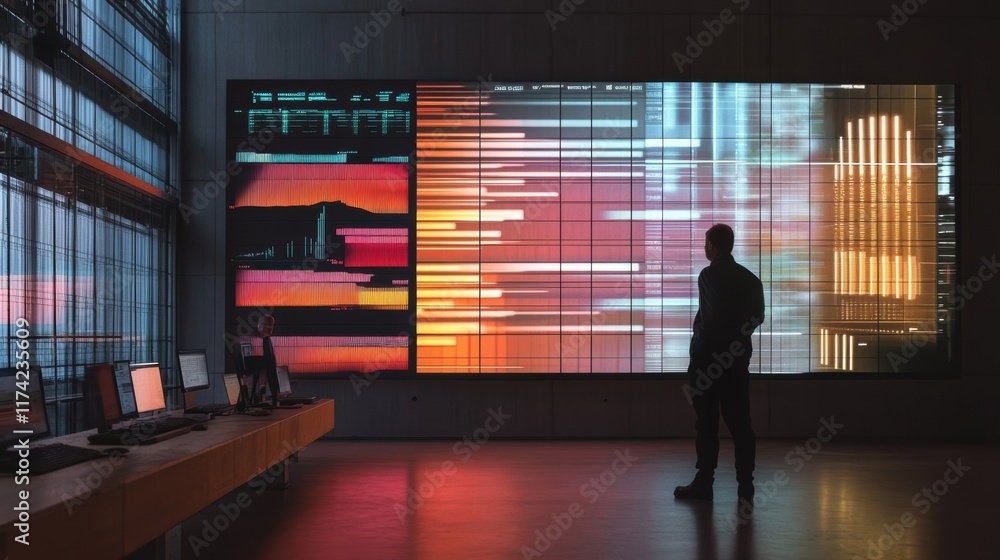 Poster businessman is looking at big interactive data visualization made of colorful lines and bars on mult