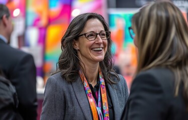 At a trade show, a young woman confidently interacts with colleagues, excited to enhance her communication and networking skills.
