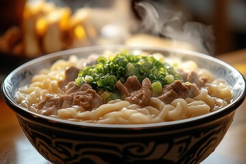 Hot Noodle Soup with Beef, Corn, and Green Onion in Black Bowl
