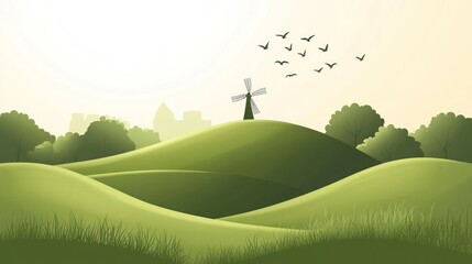 Serene green hills landscape with windmill and birds at sunrise.