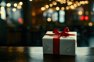 Elegant white gift box with a red ribbon resting on a wooden table, illuminated by warm bokeh lights in a cozy atmosphere perfect for celebration and gifting moments.