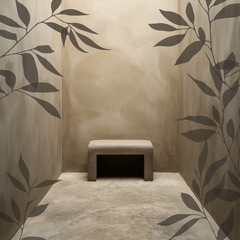 Minimalist Beige Room Interior with Concrete Bench and Leaf Wall Decor