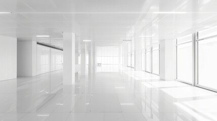 A bright open office with glossy white floors and walls, flooded with natural light, fosters a calm, productive atmosphere