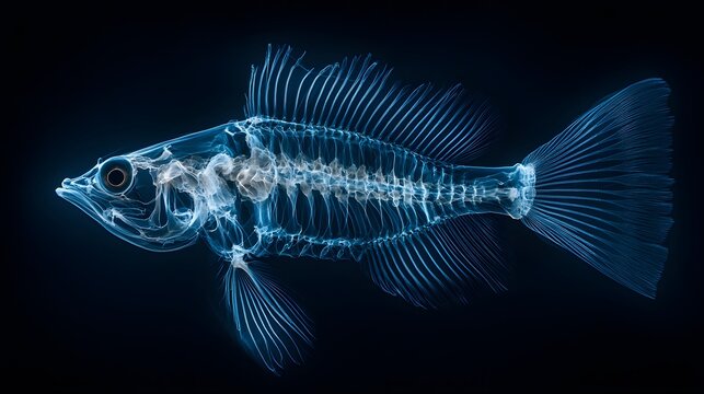 X-ray fish reveals glowing skeletal structure against black background, displaying transparent marine life with ethereal blue bioluminescent effect in scientific style.