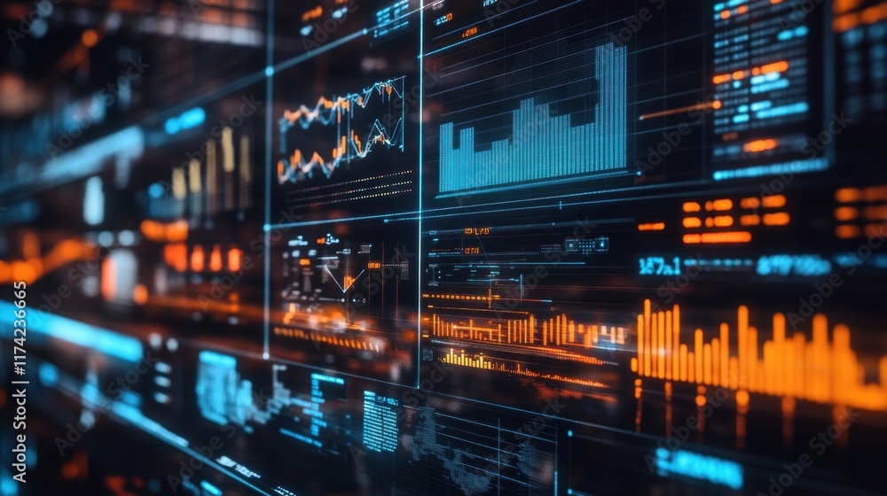 Aufkleber futuristic interface displaying complex data analysis and statistics with colorful charts and graphs
