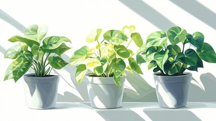 Obraz premium Three potted plants in sunlight against a white wall.