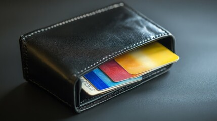 Close-up of a black leather wallet containing multiple credit cards.  The rich colors contrast against the dark leather.