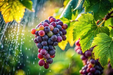 Fototapeta premium Rainy day magic: Tilt-shift transforms a grape cluster into a captivating miniature world. Macro photography at its finest.