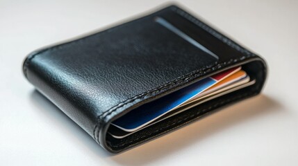 Close-up of a black leather wallet with credit cards.