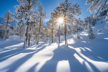 Sunlit Snowy Forest with Pristine Winter Trees and Sparkling Sunrays