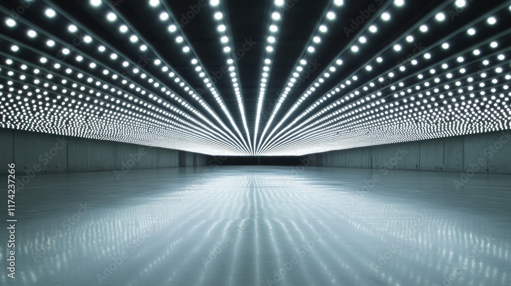 Poster rows of led lights illuminate a futuristic corridor, their bright glow reflecting on the polished fl