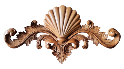 Ornate wooden shell carving with intricate details and curves