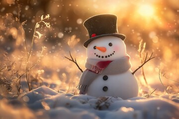 Obraz premium Cheerful Snowman in Snowy Field at Sunset Wearing Scarf and Top Hat