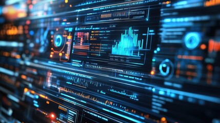 Fototapeta premium Futuristic interface displaying various data visualizations, charts, and metrics, suggesting advanced analytics and real time information processing in a technological environment