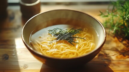 Simple Ramen Bowl with Seaweed Garnish in Sunlit Setting
