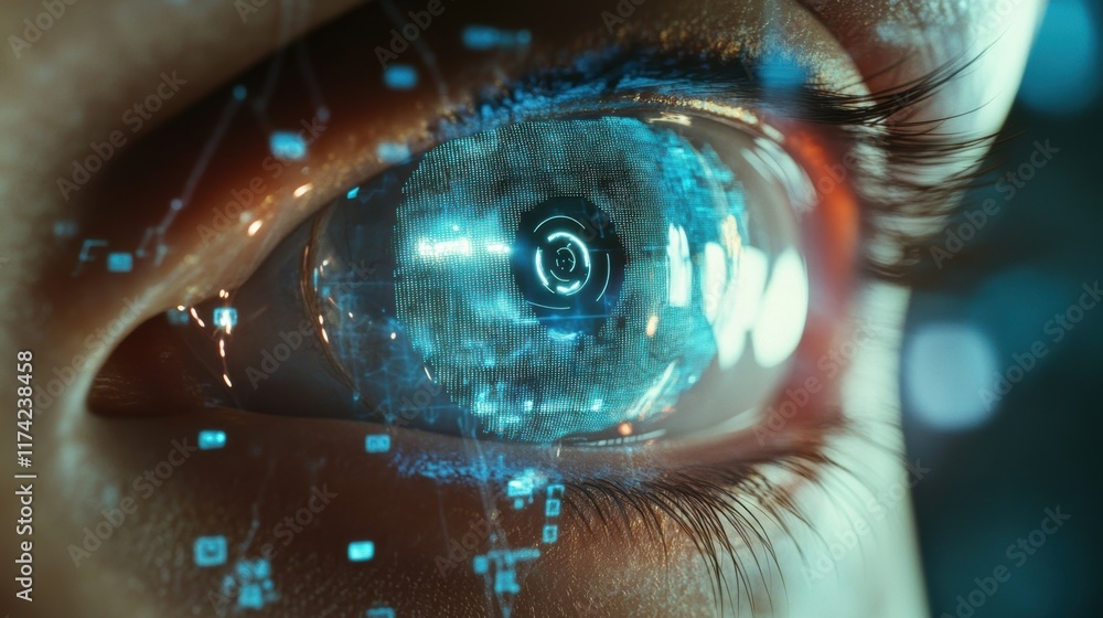 Aufkleber close up view of an eye featuring a glowing, futuristic digital display, processing data and informa