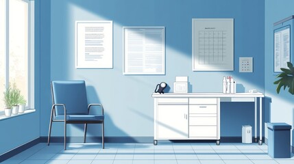 Sunny waiting room with chair, desk, and window.