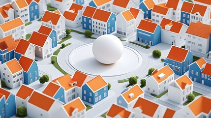 A cartoon-style city map with orange and blue buildings, featuring an empty circle in the center of town surrounded by small houses, a single giant ball-shaped object placed on top of it, rendered 