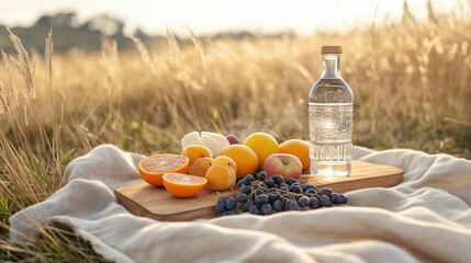 Obraz premium Picnic Setup with Fresh Fruits and Water Bottle in Sunny Field