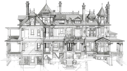 Obraz premium This floor plan illustrates the complex design of a Victorian mansion, highlighting rooms, staircases, and elaborate detailing