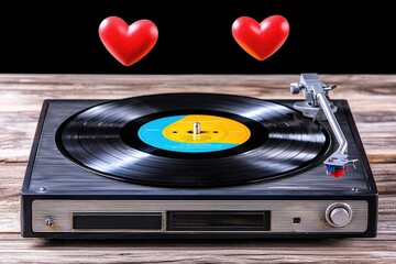 Fototapeta premium Valentine's Day Love Celebration Romantic Couple Vinyl Record Cozy Atmosphere Close-Up View Emotion in Music and Relationship