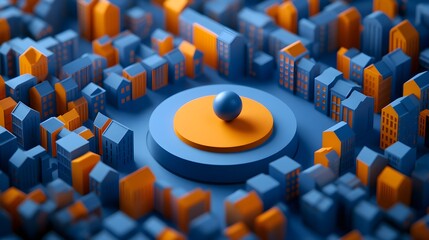 A cartoon-style city map with orange and blue buildings, featuring an empty circle in the center of town surrounded by small houses, a single giant ball-shaped object placed on top of it, rendered 