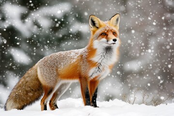 Fototapeta premium Majestic Red Fox Standing in a Snowy Field During Wintertime