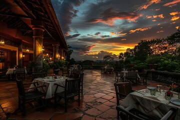Obraz premium Clear Pixel Image of at Dusk, an Angkor Wat Hotel is Set for Dinner, Siem Reap, Cambodia