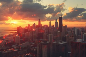 Fototapeta premium A Breathtaking Sunset Cityscape View From a Rooftop Overlooking Downtown Chicago