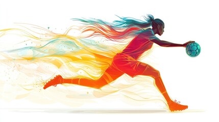 Dynamic female handball player in motion, vibrant colors.