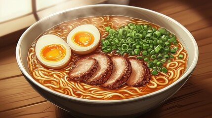 Steaming Bowl of Ramen with Sausage, Soft-Boiled Eggs, and Scallions
