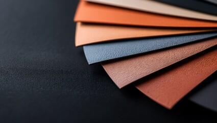 An exquisite array of textured material swatches elegantly fanned out against a dark background, showcasing a captivating blend of colors in a stylish display of design options.
