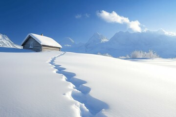 Snowy Alpine Cabin With Footprints Leading to the Majestic Mountains