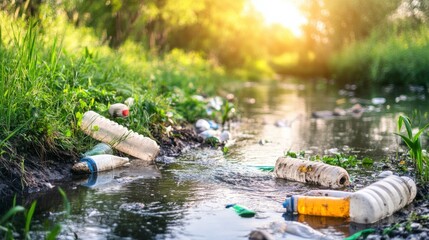 Pollution in River with Educational Labels and Natural Background