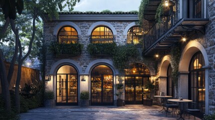 Mediterranean Courtyard Restaurant Evening Ambiance