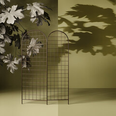 Elegant Metal Room Divider with Dried Leaves and Shadow Play Interior Design