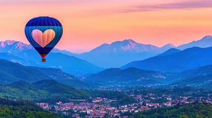 Romantic Hot Air Balloon Ride Mountain Valley Couple's Adventure Scenic Landscape Aerial View Emotions of Love on Valentine's Day