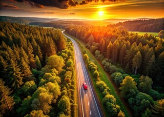 Stunning aerial view: sunset hues paint the forest highway as a red car disappears into bokeh-blurred beauty.
