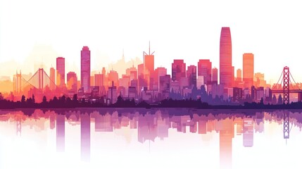 Obraz premium Vibrant sunset cityscape skyline reflected in water.