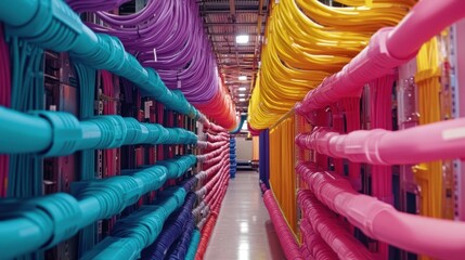 Organized and colorful network cables are running through a server room in a data center, creating a visually appealing and efficient infrastructure