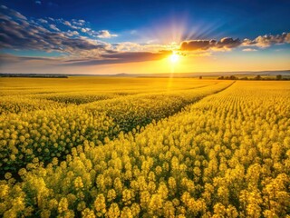 Obraz premium Sun-drenched rapeseed flowers create a vibrant yellow landscape, idyllic countryside.