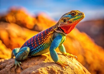 Obraz premium Sun-drenched rock cradles a brilliantly colored lizard, a vivid reptile portrait.