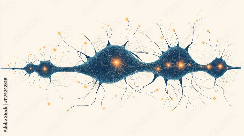 Poster microscopic view of interconnected neurons transmitting signals.