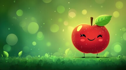 Happy cartoon apple in a green field.
