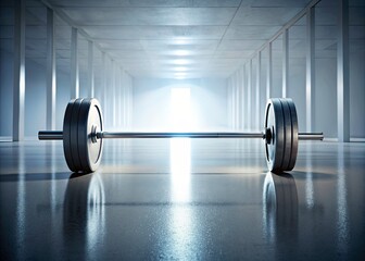 Surreal weight bar, stark white isolation.  Fitness equipment photographed with minimalist aesthetic.